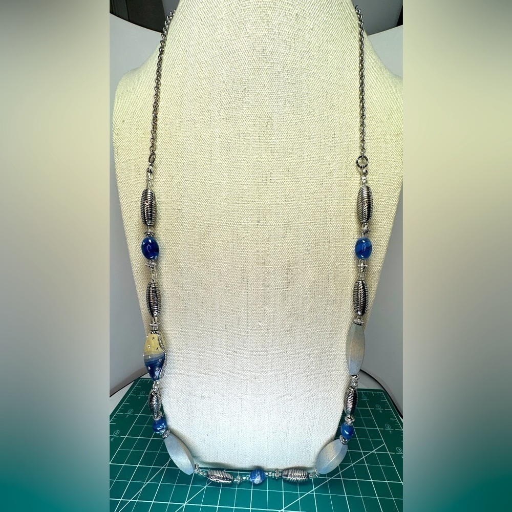 Chico’s Blue, Cream, Silver, Grey with Rhinestones Necklace